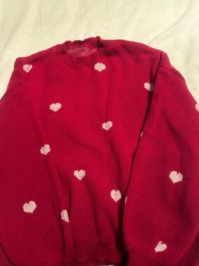 SHEIN Red Crewneck Sweater with White Heart Motifs